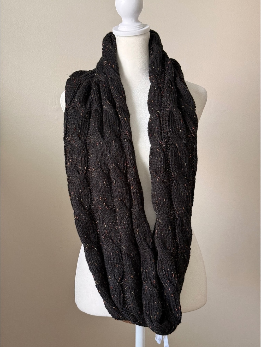 Black Cable Knit Infinity Scarf with Multicolor Flecks